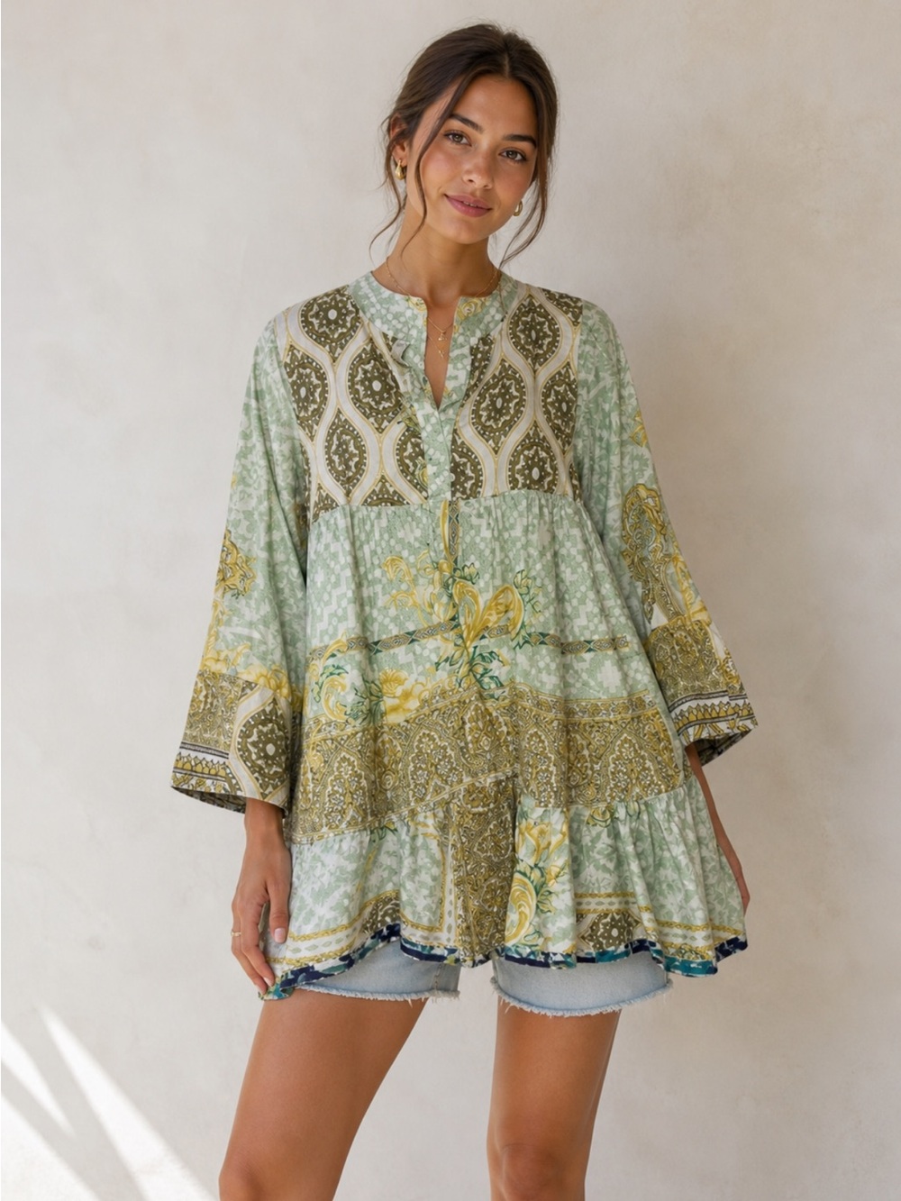 Bohemian Style Women’s M Tiered Mini Dress Tunic Paisley Floral Handmade Unique
